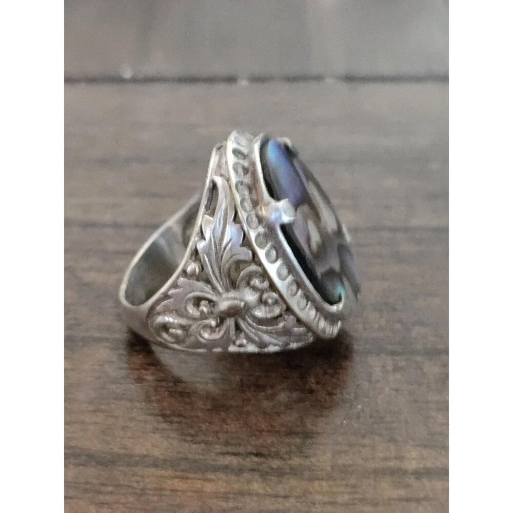 Vintage Coin Silver Abalone Statement Ring Great Details Sz 8
